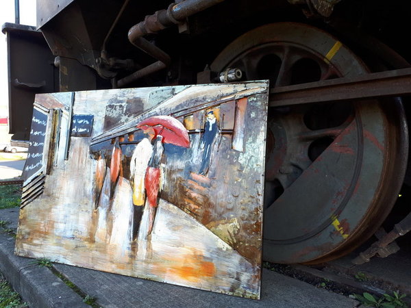 Metallbild "Man & Woman" Regenschirm 3D Train Station Wandbild