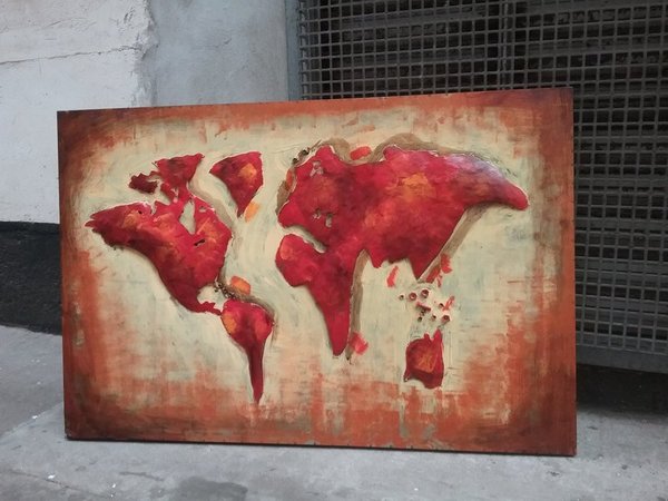 Metallbild "Roter Feuerball" Weltkarte 3D Effekt