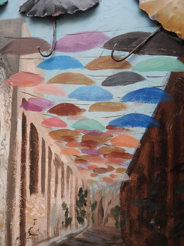 Metallbild "Cartagena" Kolumbien Regenschirme 3D Straße Wandbild